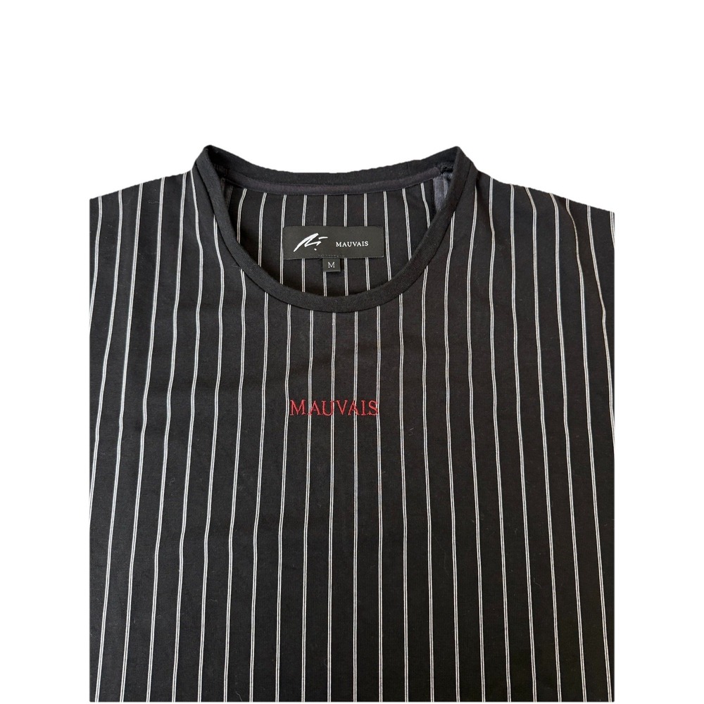 Mauvais Black/White Pinstripe Logo Men's M Regular‎ Knit Crew Neck Tee